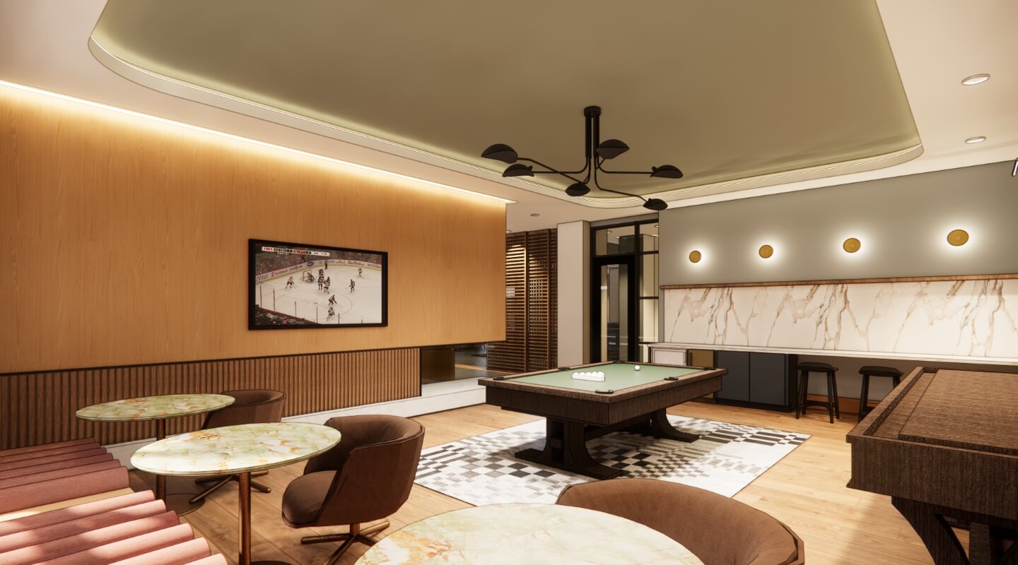 Rendering of apartment billiards lounge with pool table, seating area, and wall-mounted TV
