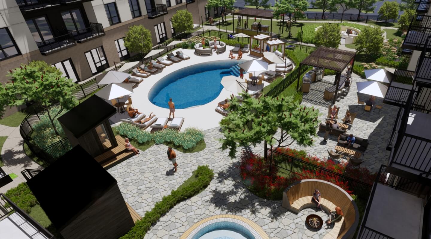 Aerial rendering of modern apartment courtyard with pool, lounge chairs, cabanas, and outdoor seating areas