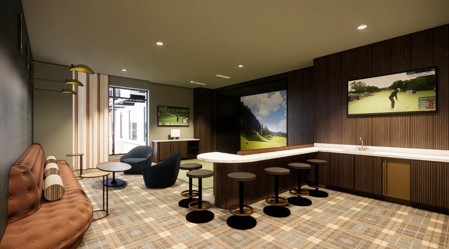 Interior rendering of apartment lounge with golf simulator, bar seating, and flat-screen TVs