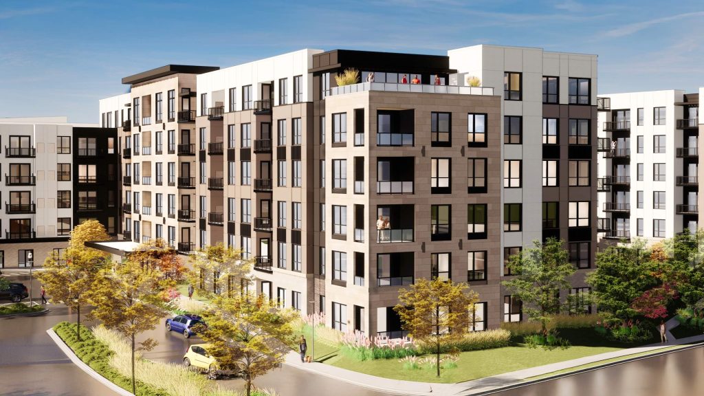 Modern apartment exterior at The Winn in Golden Valley with balconies, landscaped entry, and tree-lined streets