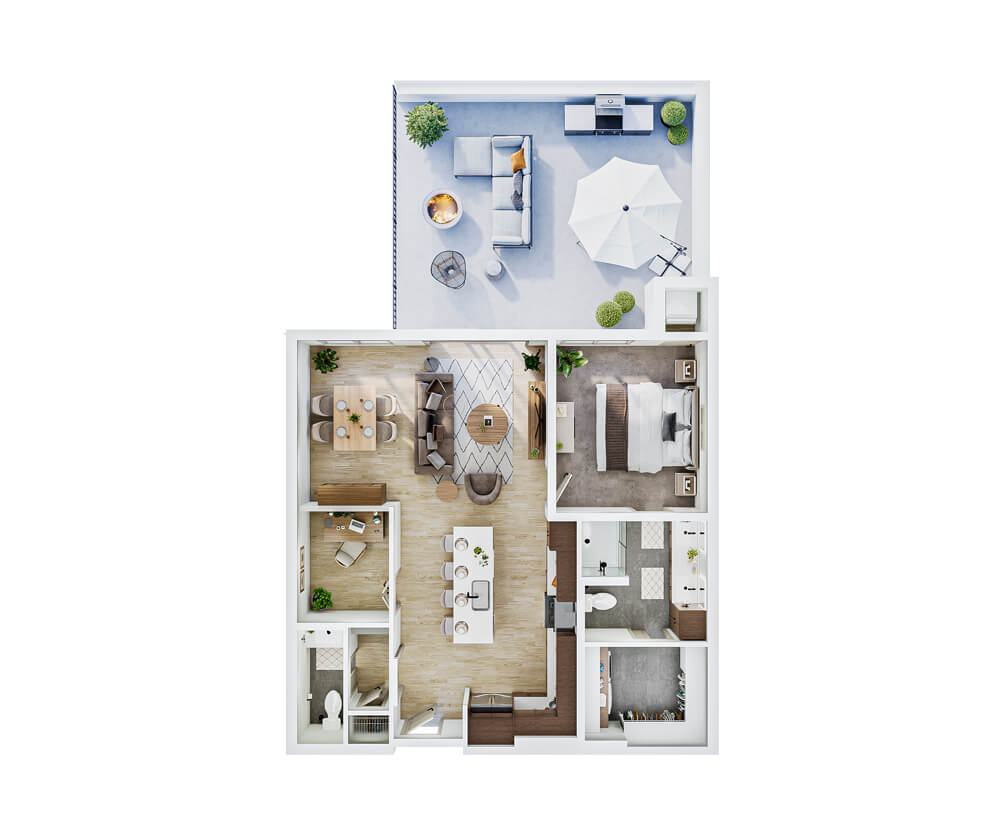 Thumbnail view of the Golden Ridge one-bedroom with den floor plan featuring rooftop terrace at The Winn