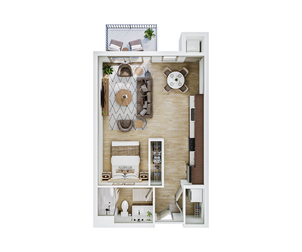 3D thumbnail view of the Lakeview studio apartment at The Winn Golden Valley