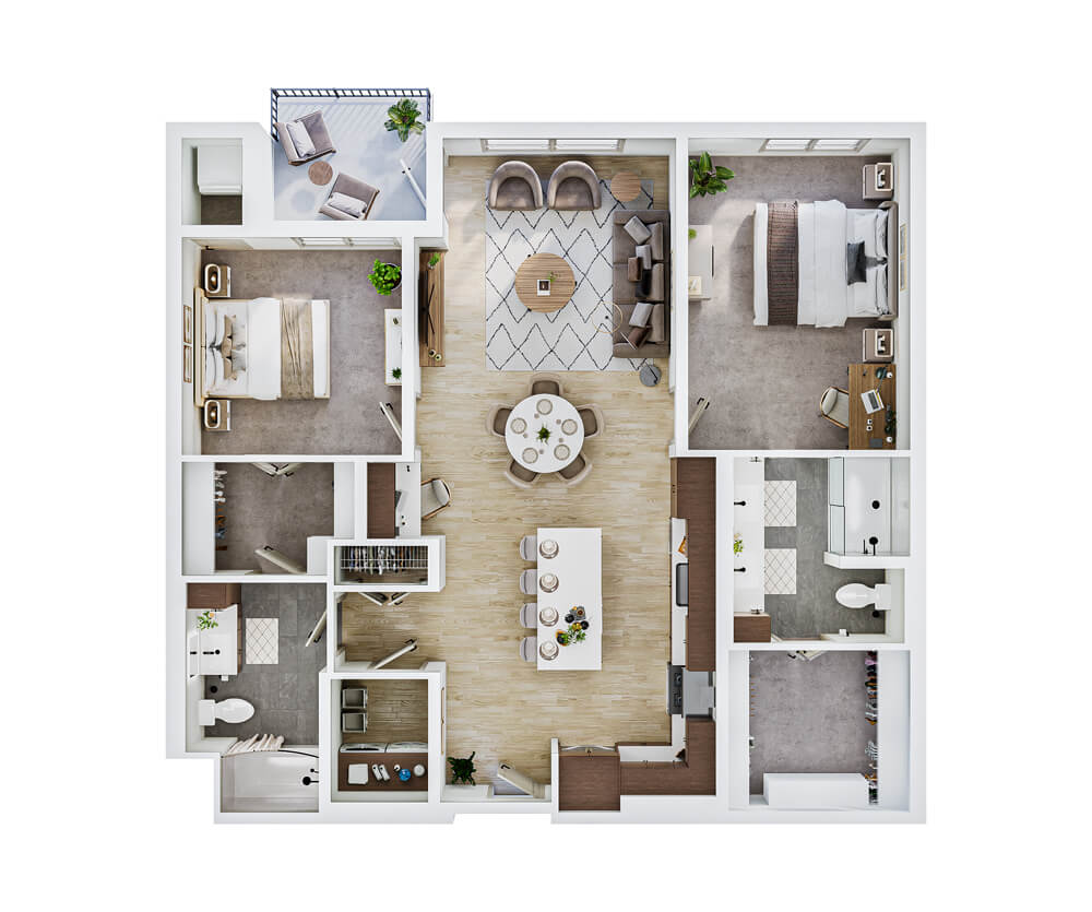 Thumbnail preview of the Medicine Lake apartment floor plan with two bedrooms, two bathrooms, kitchen, dining, and balcony
