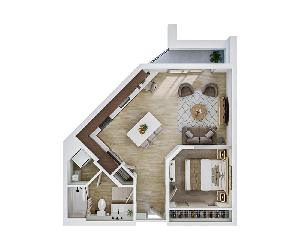 3D rendering of the Noble one-bedroom apartment floor plan at The Winn Golden Valley with open kitchen, living area, and private terrace