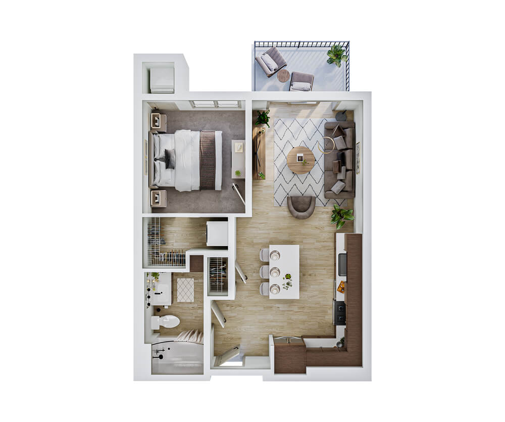 3D thumbnail view of the Olson one-bedroom apartment at The Winn Golden Valley
