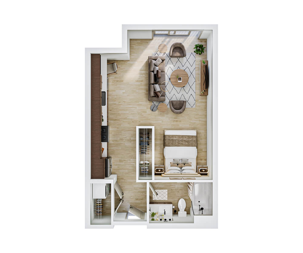 3D thumbnail view of the Stockman studio apartment at The Winn Golden Valley