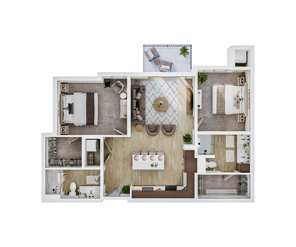 Thumbnail of the Wildwood two-bedroom, two-bathroom apartment floor plan with open living and kitchen space.