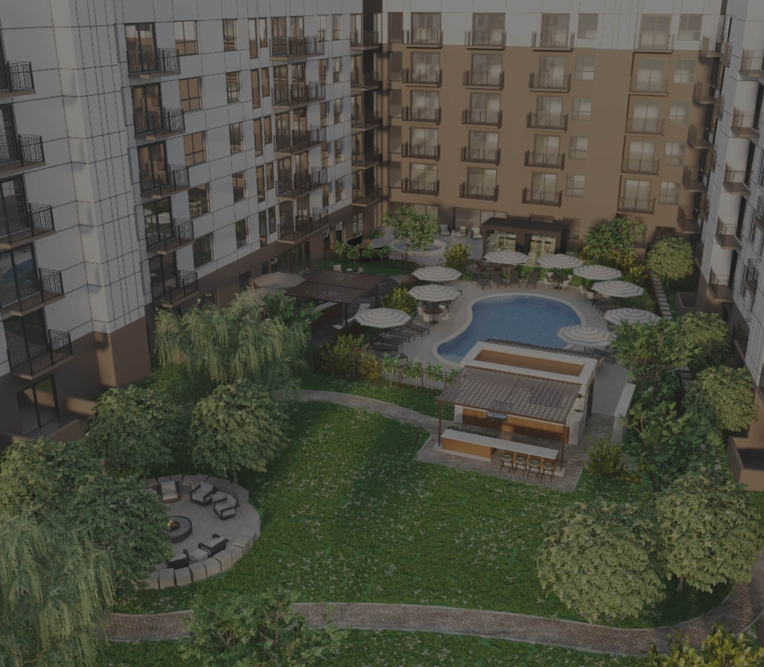 Courtyard and Pool at The Winn at Golden Valley Aerial view of The Winn at Golden Valley courtyard featuring a pool, outdoor seating, bar area, and fire pit