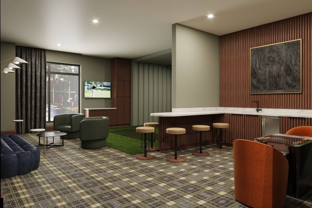 Golf simulator room at The Winn at Golden Valley with bar seating and lounge area