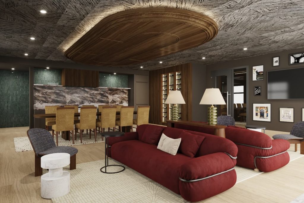 Sky lounge at The Winn at Golden Valley with dining area, wine display, and plush seating