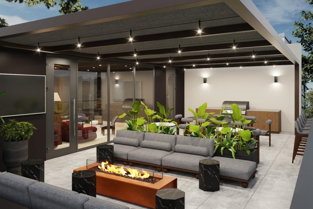 Sky terrace at The Winn at Golden Valley with outdoor seating, fire feature, and grill area