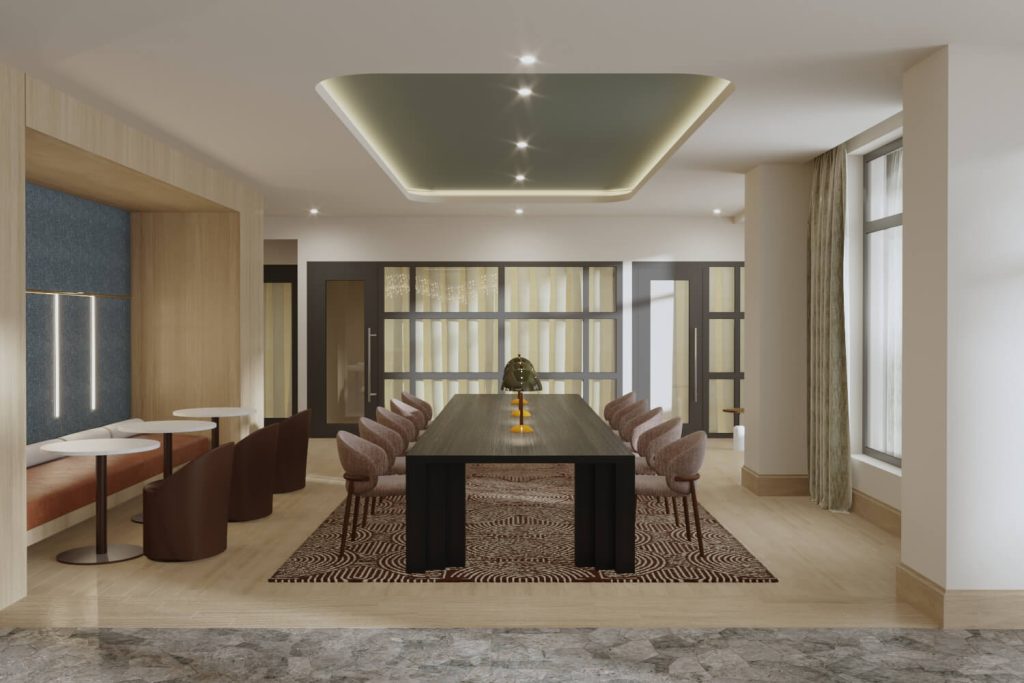 Work-from-home room at The Winn at Golden Valley with communal table and modern lighting