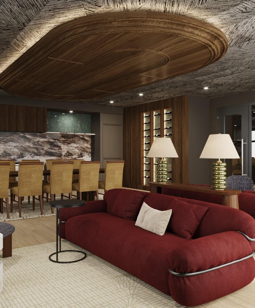 Apartment sky lounge with modern seating, dining area, and decorative lighting