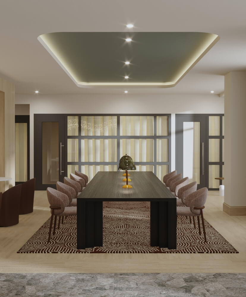 Apartment work from home room with long table, chairs, and shared workspace seating