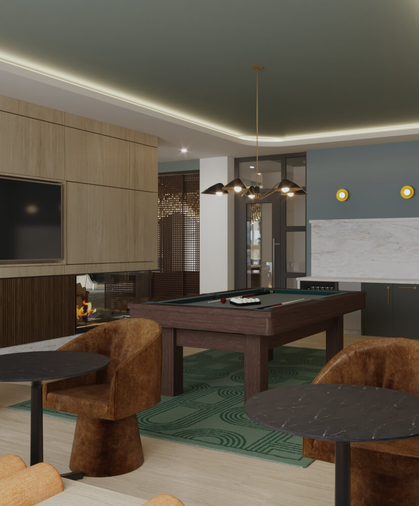 Apartment community billiards room with pool table, seating, and modern lighting
