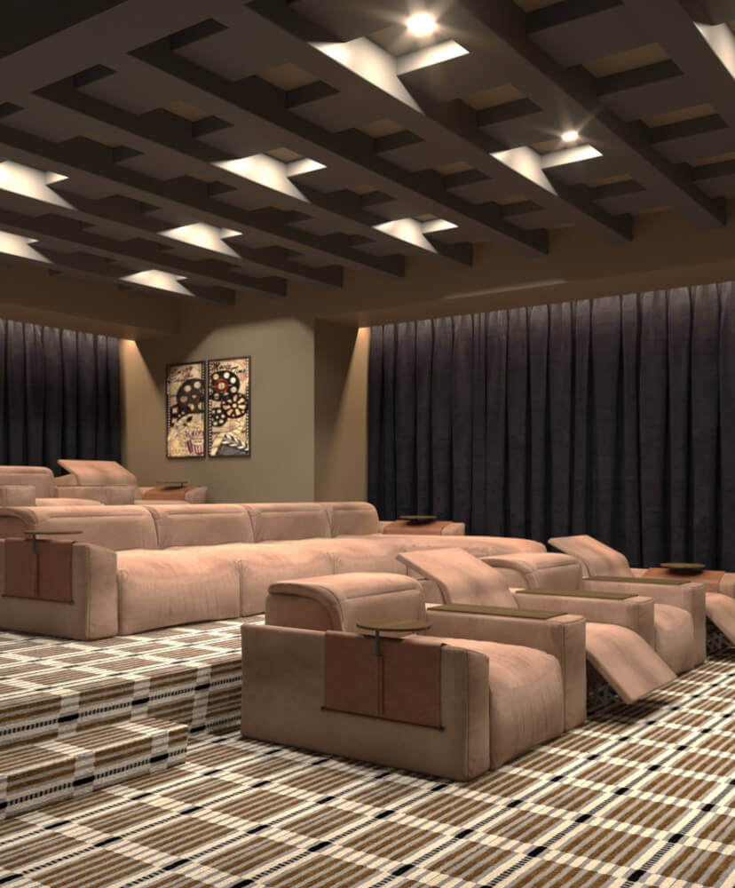 Apartment community movie theater with reclining seats and large screen