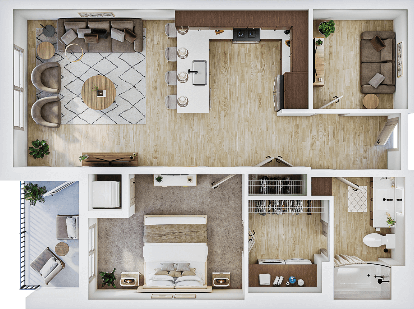 One bedroom apartment floor plan with open kitchen, living area, bedroom, bathroom, walk in closet, and balcony shown from above