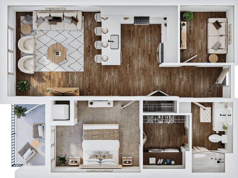 One bedroom apartment floor plan with open kitchen, living area, bedroom, bathroom, walk in closet, and balcony shown from above