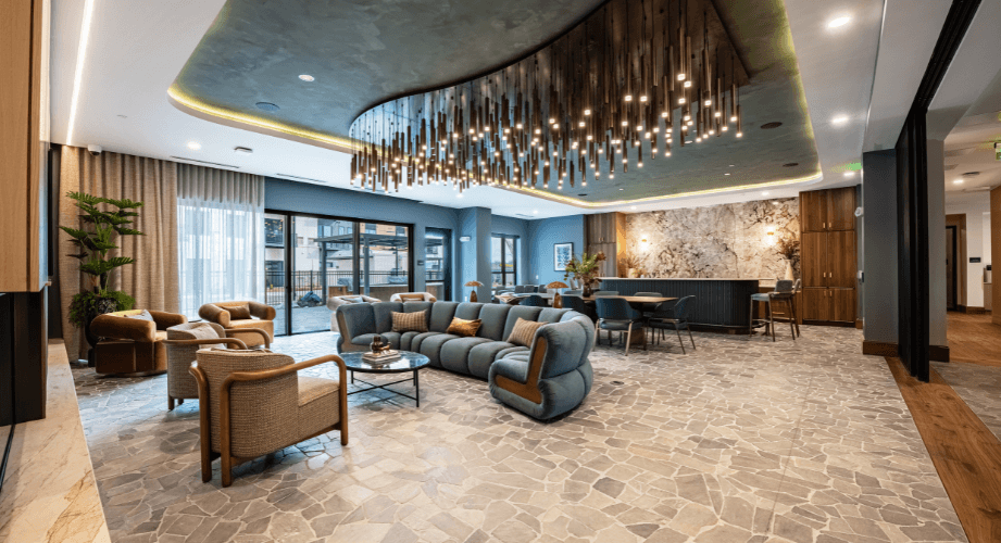 Community gathering space with seating and luxury designs.